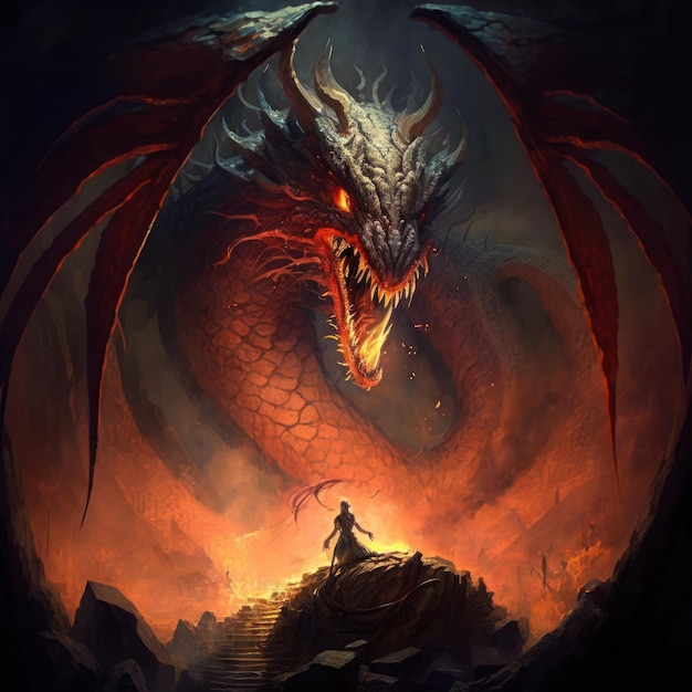 Un ancien dragon de feu ancien intimide un guerrier AI GÉNÉRATIVE