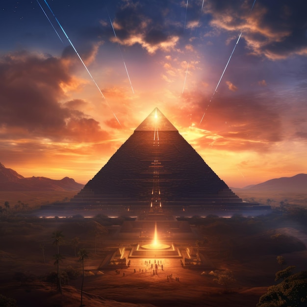 L'ancien Elytron néon Kemetic Elytra plane au-dessus de la pyramide de Gizeh au lever du soleil