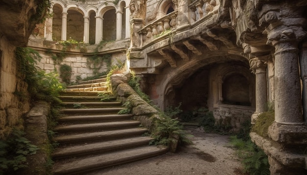 Un ancien escalier d'abbaye mène à une entrée en ruine générée par l'IA