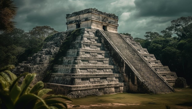 Ancien escalier pyramidal dans la forêt tropicale humide, un monument international en ruine généré par l'IA