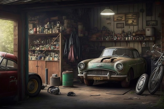 Un ancien garage avec une collection de voitures anciennes, y compris des véhicules classiques et d'autres trouvailles uniques