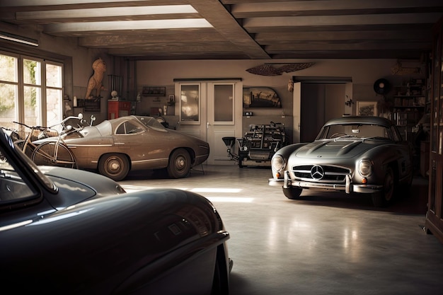 Ancien garage avec une nouvelle voiture de sport élégante à l'intérieur créée avec une IA générative