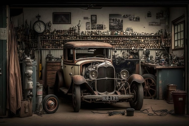 Un ancien garage avec une voiture vintage exposée entourée d'outils et d'autres souvenirs automobiles