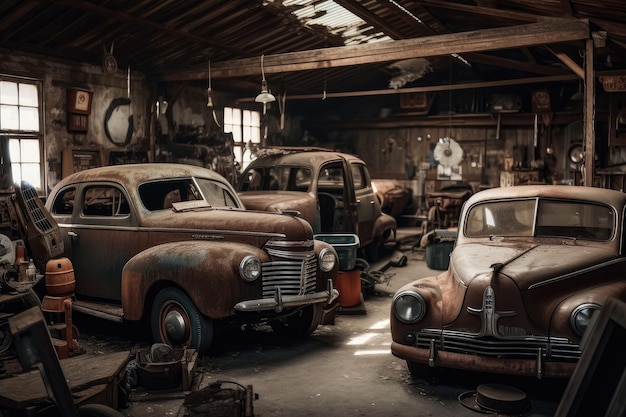 Ancien garage avec voitures et camions d'époque dans divers états de réparation créés avec l'IA générative