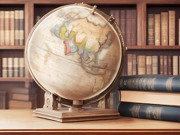 Photo ancien globe géographique et vieux livre dans un cabinet avec enseignement scientifique bookselfs