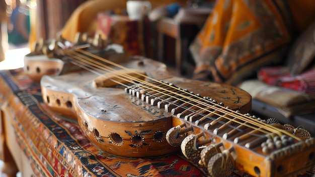 Photo un ancien instrument de musique à cordes avec de belles sculptures sur le corps il a été placé sur un tapis coloré