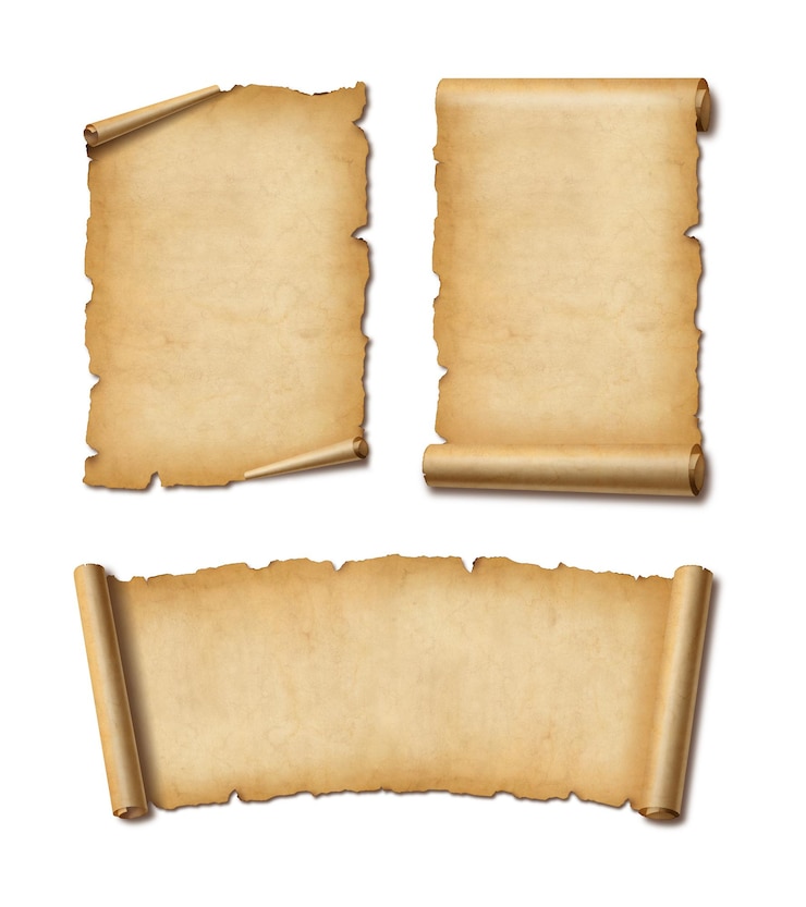 Photo ancien jeu de défilement de papier parchemin isolé sur blanc avec ombre bannières horizontales et verticales