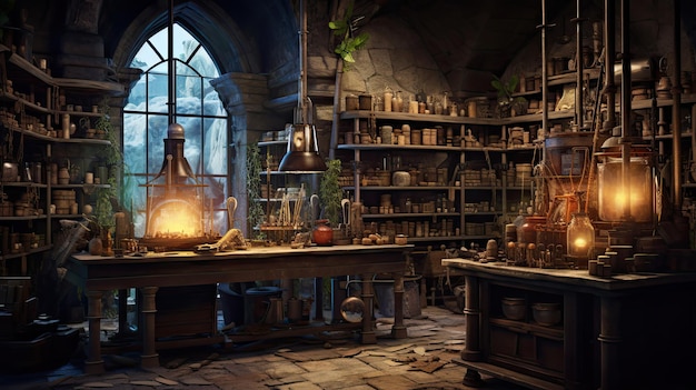 Un ancien laboratoire d'alchimie avec des outils arcains.