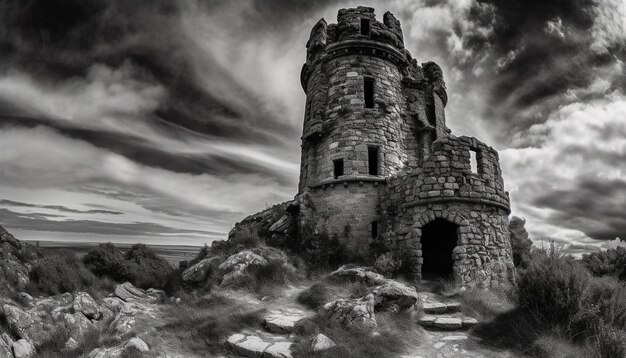 Ancien monument chrétien en ruine ciel dramatique au-dessus généré par l'IA