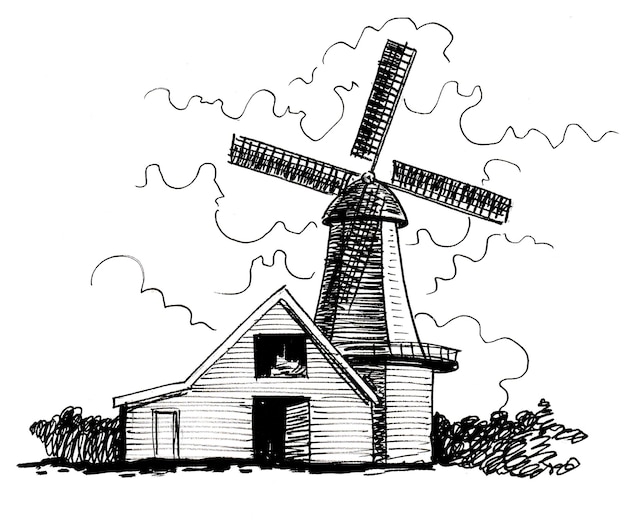 Photo ancien moulin à vent à la campagne. dessin noir et blanc à l'encre