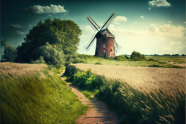 Ancien moulin à vent lointain dans une belle nature de campagne créée avec une IA générative