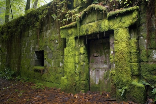 Photo ancien mur de briques moussues avec une porte mystérieuse créée avec une ia générative
