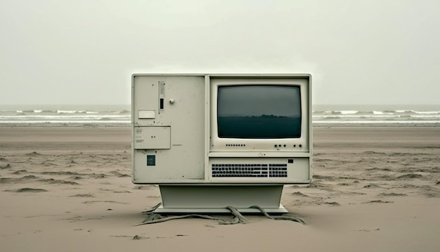 Ancien ordinateur debout dans le sable sur une plage avec vue sur l'océan Generative AI