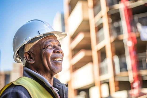 Un ancien ouvrier de la construction afro-américain portant un casque et des lunettes de protection sur un chantier