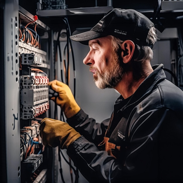 Ancien ouvrier électricien réparant le panneau de l'interrupteur principal électrique