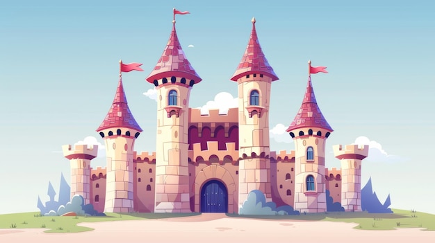 Un ancien palais ou fort de forteresse du royaume avec le drapeau sur les fenêtres de la tour et la porte Set d'illustrations de dessins animés de conte de fées du royaume ancien palais de forteresse
