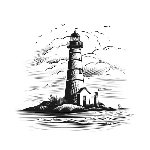 Photo un ancien phare en noir et blanc et un dessin d'île