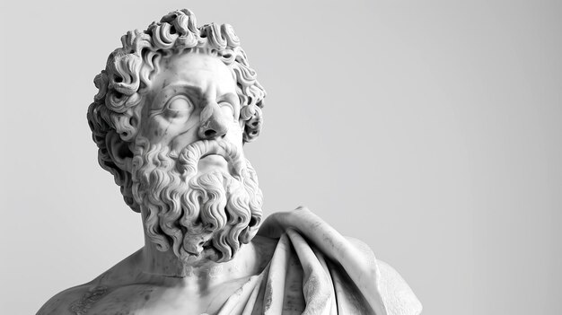 Photo ancien philosophe grec masculin classique en marbre statue à l'échelle grise monument de sculpture avec espace de copie
