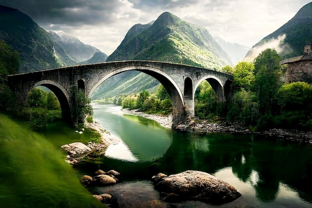 Un ancien pont de pierre sur une rivière de montagne dans les montagnes sur fond de ciel