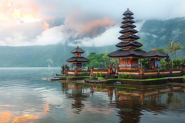 Photo l'ancien pura ulun danu bratan besakih ou célèbre temple hindou et touriste sur l'île de bali au lever du soleil