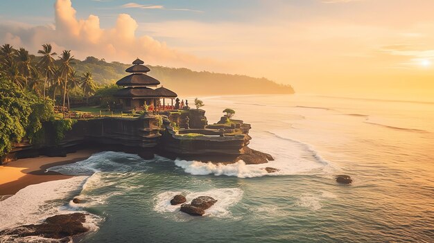 Ancien pura ulun danu bratan besakih ou célèbre temple hindou et touriste sur l'île de bali au lever du soleil