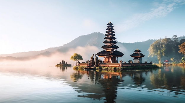 Ancien pura ulun danu bratan besakih ou célèbre temple hindou et touriste sur l'île de bali au lever du soleil