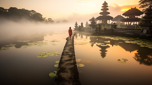 Ancien pura ulun danu bratan besakih ou célèbre temple hindou et touriste sur l'île de bali au lever du soleil