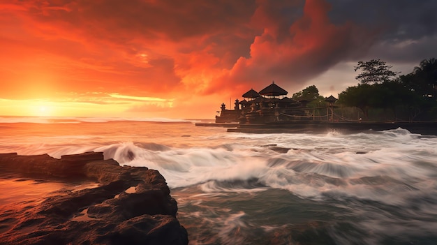 Ancien pura ulun danu bratan besakih ou célèbre temple hindou et touriste sur l'île de bali au lever du soleil