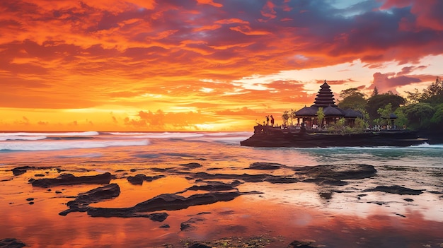 Ancien pura ulun danu bratan besakih ou célèbre temple hindou et touriste sur l'île de bali au lever du soleil