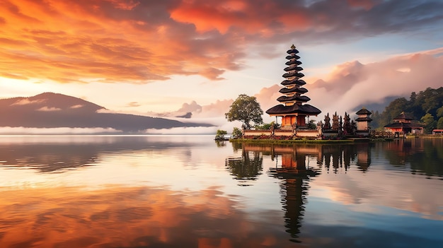 Ancien pura ulun danu bratan besakih ou célèbre temple hindou et touriste sur l'île de bali au lever du soleil