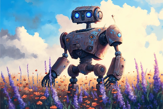 Un ancien robot debout dans le champ de fleurs illustration de style d'art numérique peinture concept fantastique d'un robot géant