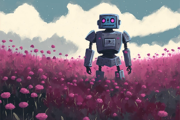 Un ancien robot debout dans le champ de fleurs illustration de style d'art numérique peinture concept fantastique d'un robot géant