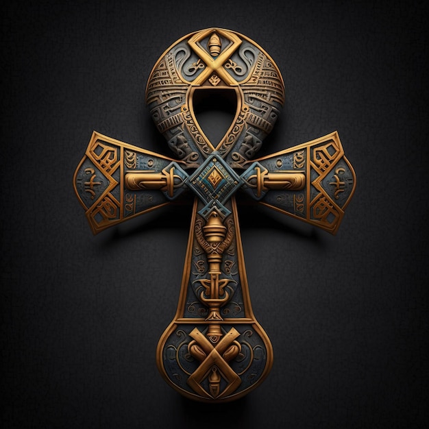 Ancien symbole ankh doré isolé sur fond sombre Illustration d'une croix égyptienne sous forme numérique AI générative Les anciens Égyptiens utilisaient l'Ankh comme symbole de la vie éternelle