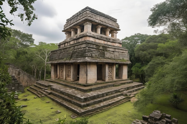 Ancien temple avec des colonnes et un toit imposant entouré d'une végétation luxuriante