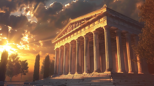 Photo l'ancien temple grec est baigné par la lumière chaude du soleil couchant le ciel est bleu foncé et les nuages sont rose clair