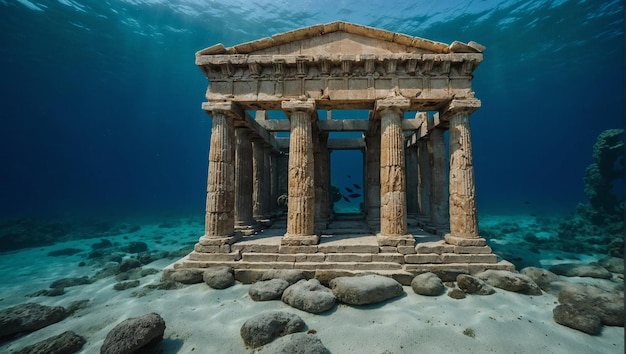 Un ancien temple grec est à moitié submergé dans l'océan.