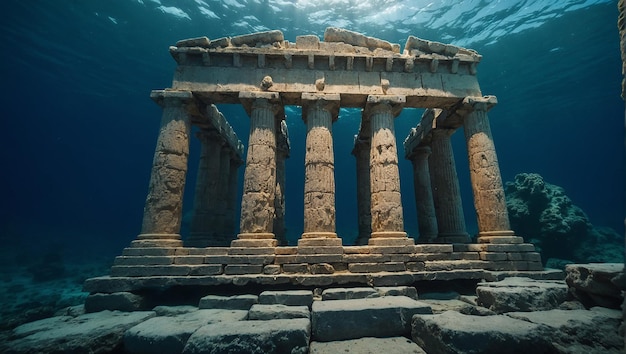 Un ancien temple grec est à moitié submergé dans l'océan.