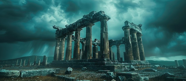 L'ancien temple grec sous un ciel orageux