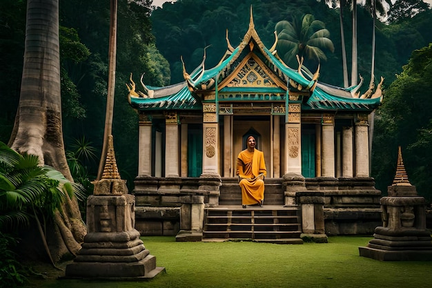 L'ancien temple de Ta Promh dans la jungle à l'arrière-plan est une illustration générée par l'IA