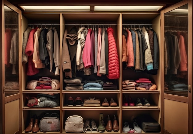 Ancienne armoire avec des vêtements dans les étagères de la chambre et des cintres générés ai