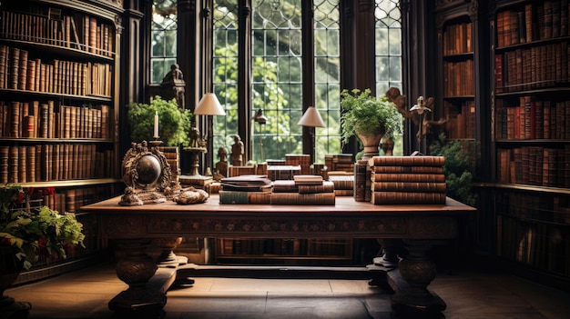 Ancienne bibliothèque classique avec livres sur table