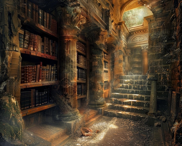 Une ancienne bibliothèque avec des passages secrets, un sanctuaire de connaissances.