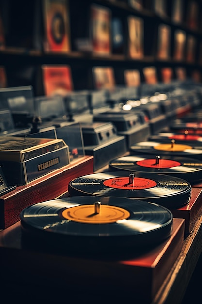 Photo ancienne boutique de disques vinyles sur la table en bois