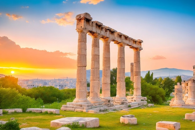 Ancienne construction à Athènes Ancienne Agora d'Athènes en Grèce magnifique coucher de soleil