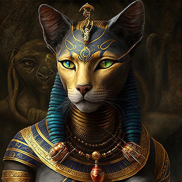 L'ancienne déesse égyptienne Bastet l'ancienne femme-chat égyptien avec des bijoux en or AI