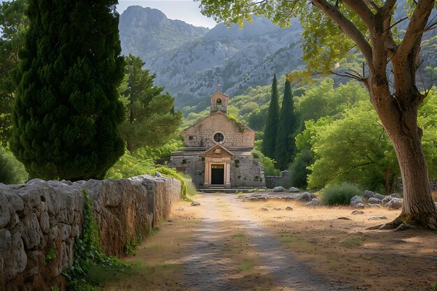 Photo une ancienne église entourée d'arbres verts et de ciel