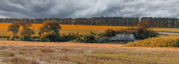 Ancienne ferme en campagne Champ biseauté et vieille maison sur fond Paysage d'automne tranquille