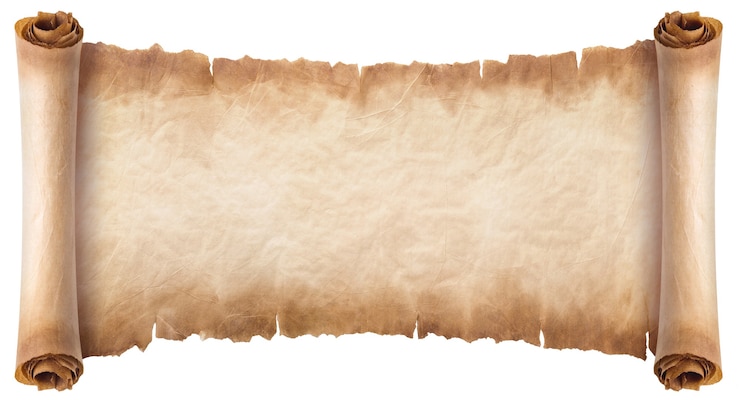 Photo ancienne feuille de défilement de papier parchemin vintage ou texture isolée sur fond blanc.