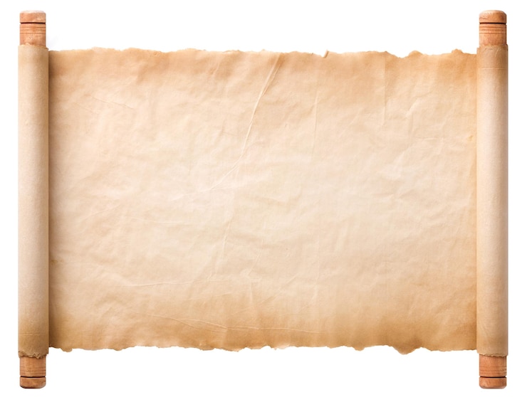 Photo ancienne feuille de défilement de papier parchemin vintage ou texture isolée sur fond blanc.