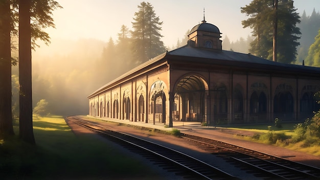 Ancienne gare ferroviaire immense entourée de forêt Ai Généré